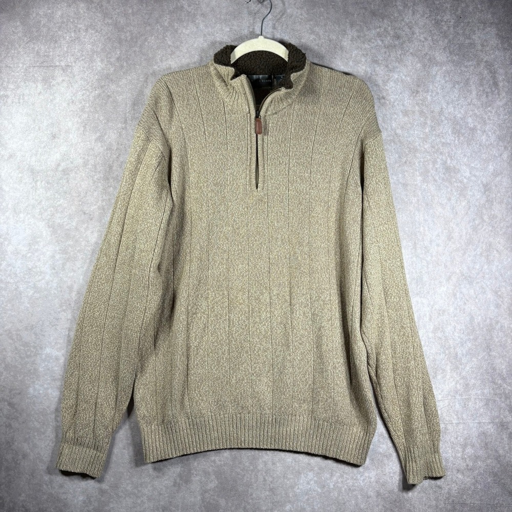 Oscar De La Renta Sweater Mens Size XL Beige Knit Quarter Zip Pullover Mock Neck